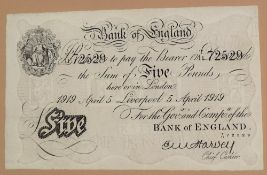 A Bank of England white Five Pounds note, Ernest Musgrave Harvey, Liverpool dated 5th April 1919,