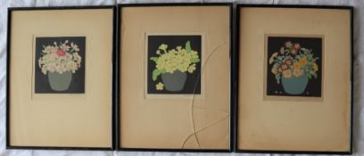 John Hall Thorpe Primroses in a vase A woodblock print Signed 16 x 15cm Together with two others