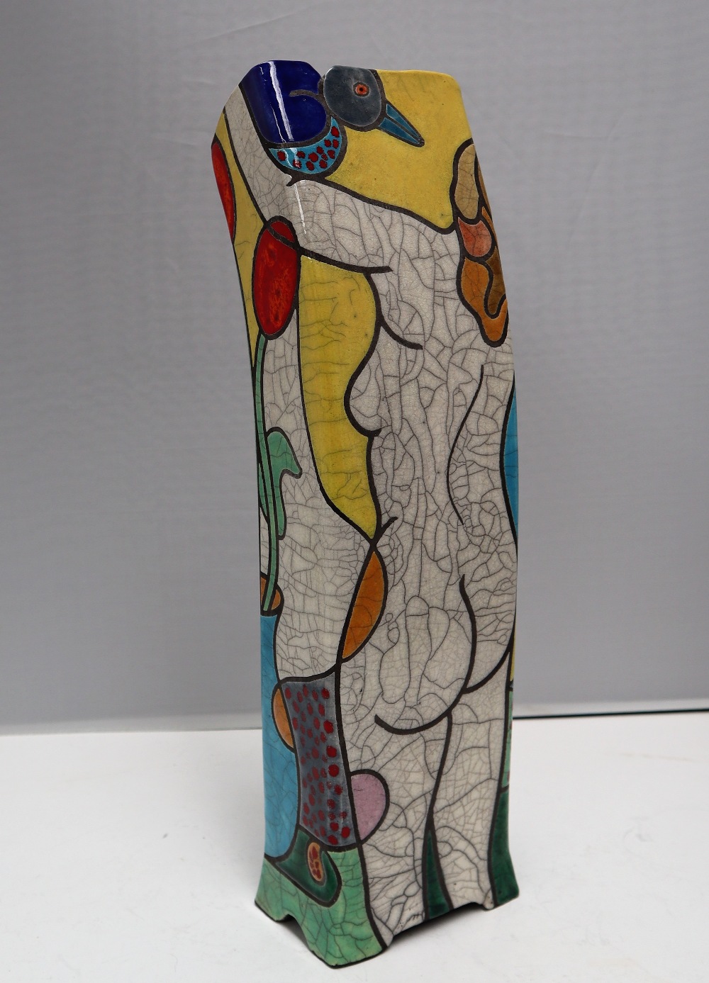 A Tony White leaning raku vase decorated with tulips and a nude figure, titled "Tulips, - Image 4 of 6