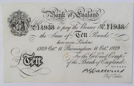 A Bank of England white Ten Pounds note, Basil Gage Catterns, Birmingham dated 11th October 1929,