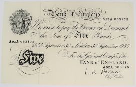 A Bank of England white Five Pounds note, Leslie Kenneth O'Brien, London, dated 30th September 1955,