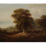 Attributed to John Crome A landscape scene with a copse in the foreground and figures on a path Oil