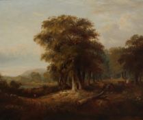 Attributed to John Crome A landscape scene with a copse in the foreground and figures on a path Oil
