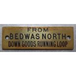 Railwayana - A brass signal box shelfplate "FROM BEDWAS NORTH DOWN GOODS RUNNING LOOP", 12 x 3.