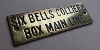 Railwayana - A brass signal box shelfplate "SIX BELLS COLLIERY BOX MAIN LINE", 12 x 3.