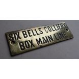 Railwayana - A brass signal box shelfplate "SIX BELLS COLLIERY BOX MAIN LINE", 12 x 3.