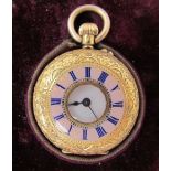 An 18ct yellow gold keyless wound half hunter fob watch,