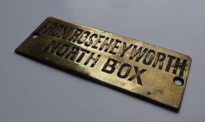 Railwayana - A brass signal box shelfplate "FROM ROSEHEYWORTH NORTH BOX", 12 x 4.