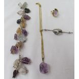A moss agate bar brooch, together with semi precious set bracelet,