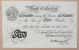 A Bank of England white Five Pounds note, Kenneth Oswald Peppiatt, London, dated 24th January 1935,