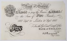 A Bank of England white Five Pounds note, Kenneth Oswald Peppiatt, London,