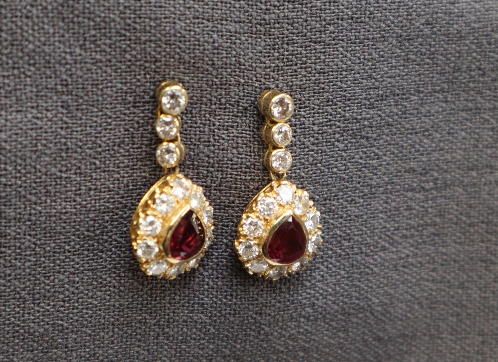 A pair of 18ct yellow gold ruby and diamond drop earrings, - Image 4 of 5