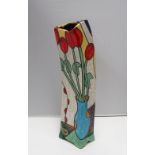 A Tony White leaning raku vase decorated with tulips and a nude figure, titled "Tulips,