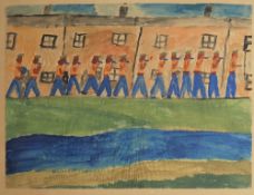 Attributed to Harry Weinberger Figures in front of a row of terraced houses Watercolour 38 x 50.