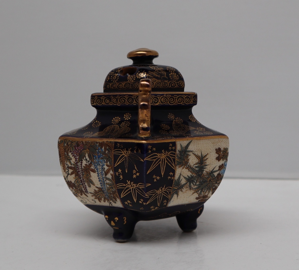 A Japanese satsuma pottery potpourri twin handled vase and cover, of hexagonal form, - Image 4 of 7