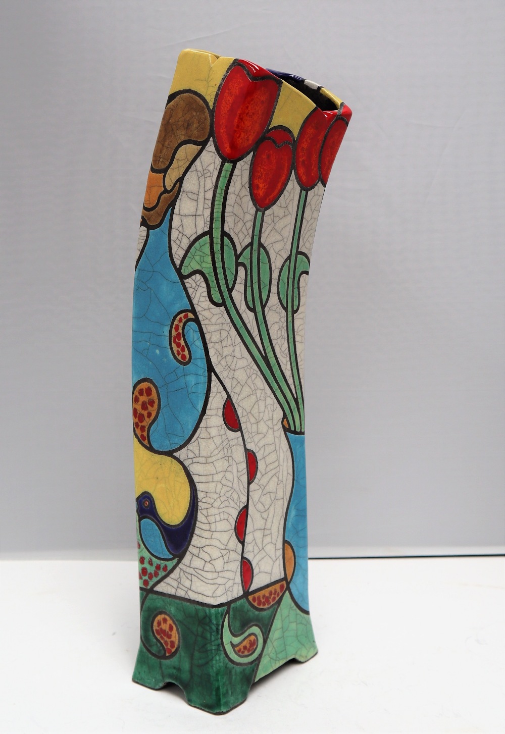 A Tony White leaning raku vase decorated with tulips and a nude figure, titled "Tulips, - Image 2 of 6