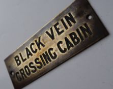 Railwayana - A brass signal box shelfplate "BLACK VEIN CROSSING CABIN", 12 x 4cm,