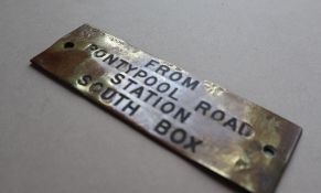 Railwayana - A brass signal box shelfplate "FROM PONTYPOOL ROAD STATION SOUTH BOX", 12 x 3.