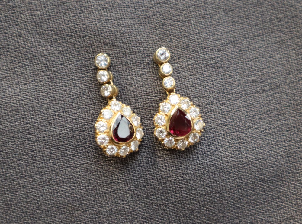 A pair of 18ct yellow gold ruby and diamond drop earrings, - Image 3 of 5