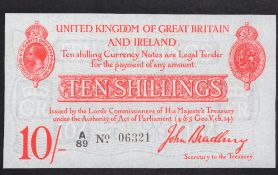 A John Bradbury Ten Shillings note, printed in red,