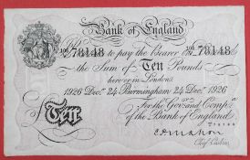 A Bank of England white Ten Pounds note, Cyril Patrick Mahon, Birmingham dated 24th December 1926,