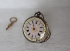 A continental white metal fob watch, the pink enamel dial with Roman numerals,