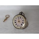 A continental white metal fob watch, the pink enamel dial with Roman numerals,