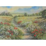 Mary Eggleton A field of Wild Flowers with a path Watercolour Signed 25.5 x 35.