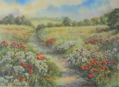 Mary Eggleton A field of Wild Flowers with a path Watercolour Signed 25.5 x 35.