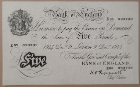 A Bank of England white Five Pounds note, Kenneth Oswald Peppiatt, London, dated 9th December 1944,