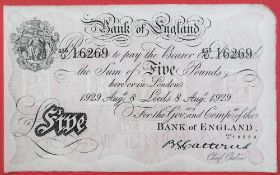 A Bank of England white Five Pounds note, Basil Gage Catterns, Leeds, dated 8th August 1929,