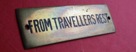 Railwayana - A brass signal box shelfplate "FROM TRAVELLERS REST", 12 x 3.