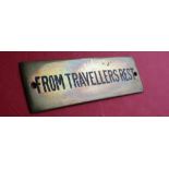 Railwayana - A brass signal box shelfplate "FROM TRAVELLERS REST", 12 x 3.