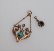 A 9ct yellow gold pendant of heart shape set with a central turquoise and seed pearls together with