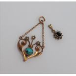 A 9ct yellow gold pendant of heart shape set with a central turquoise and seed pearls together with