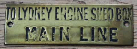 Railwayana - A brass signal box shelfplate "TO LYDNEY ENGINE SHED BOX MAIN LINE", 12 x 4cm,