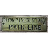 Railwayana - A brass signal box shelfplate "TO LYDNEY ENGINE SHED BOX MAIN LINE", 12 x 4cm,