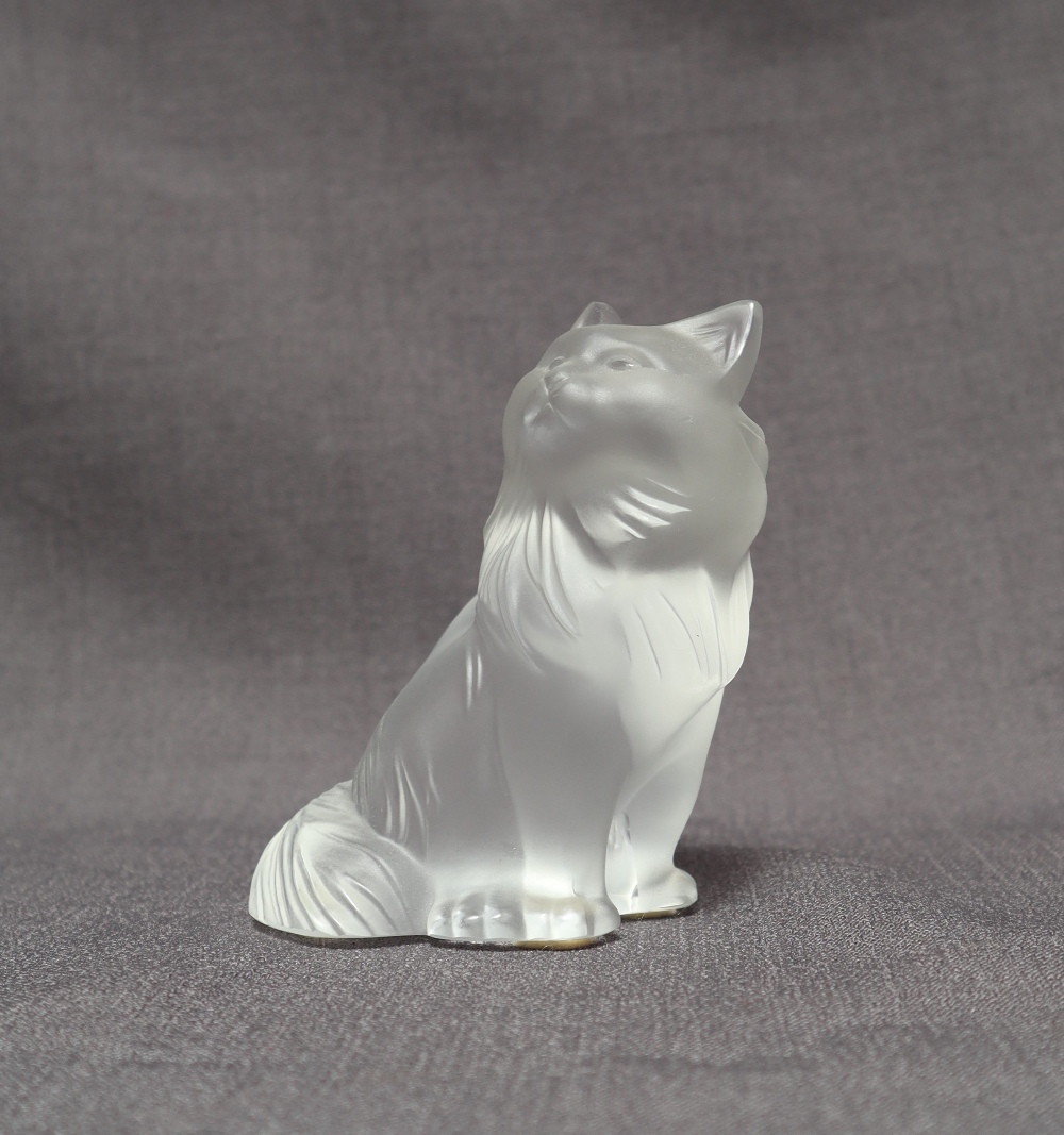 A Lalique glass model of a seated cat, script mark to the base "Lalique France", - Image 2 of 5