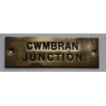 Railwayana - A brass signal box shelfplate "CWMBRAN JUNCTION", 12 x 3.