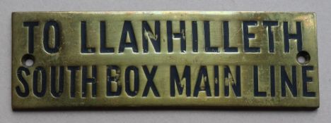 Railwayana - A brass signal box shelfplate "TO LLANHILLETH SOUTH BOX MAIN LINE", 12 x 3.