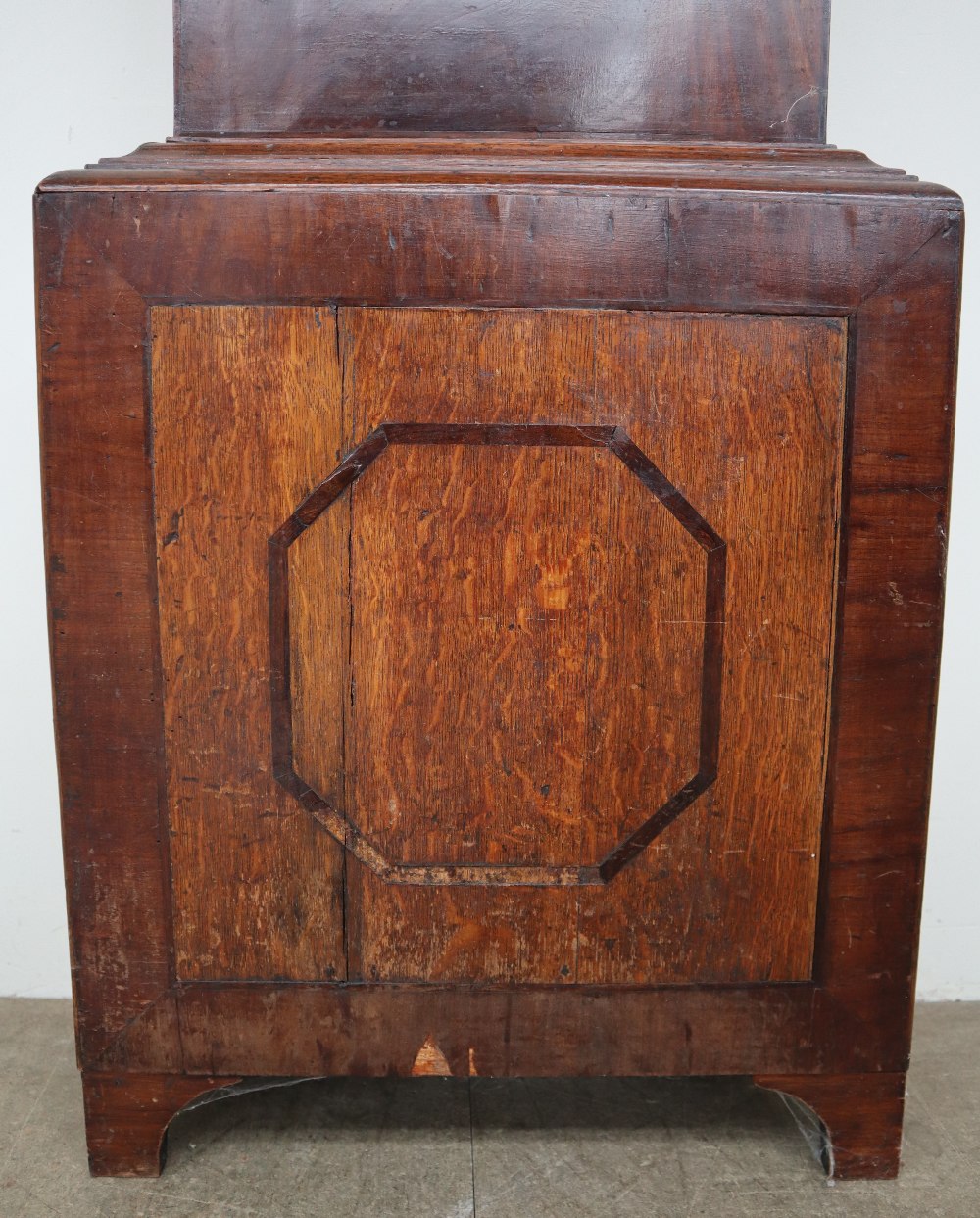 A 19th century oak and mahogany longcase clock, the hood with swan neck pediment and brass finial, - Image 8 of 9