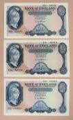 Three Bank of England Five Pounds Notes, Leslie Kenneth O'Brien,