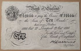 A Bank of England white Ten Pounds note, Basil Gage Catterns, Liverpool, dated 27th October 1930,