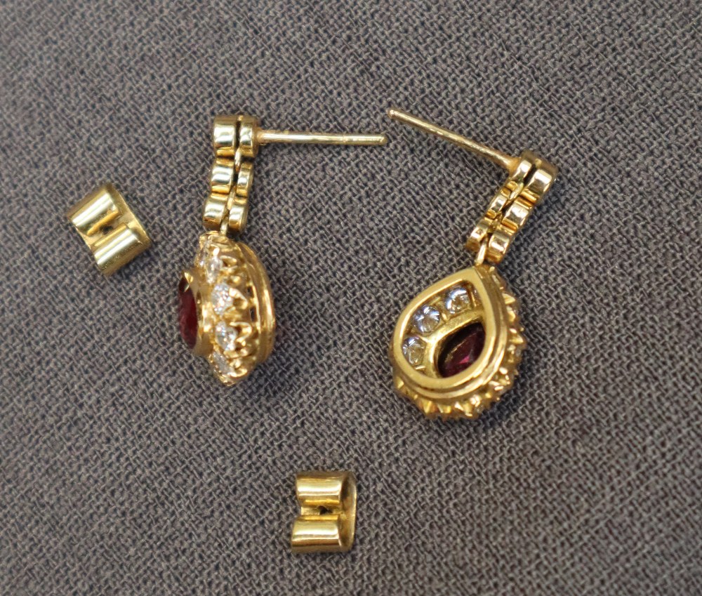 A pair of 18ct yellow gold ruby and diamond drop earrings, - Image 5 of 5