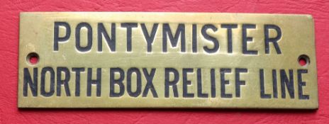 Railwayana - A brass signal box shelfplate "PONTYMISTER NORTH BOX RELIEF LINE", 12 x 3.