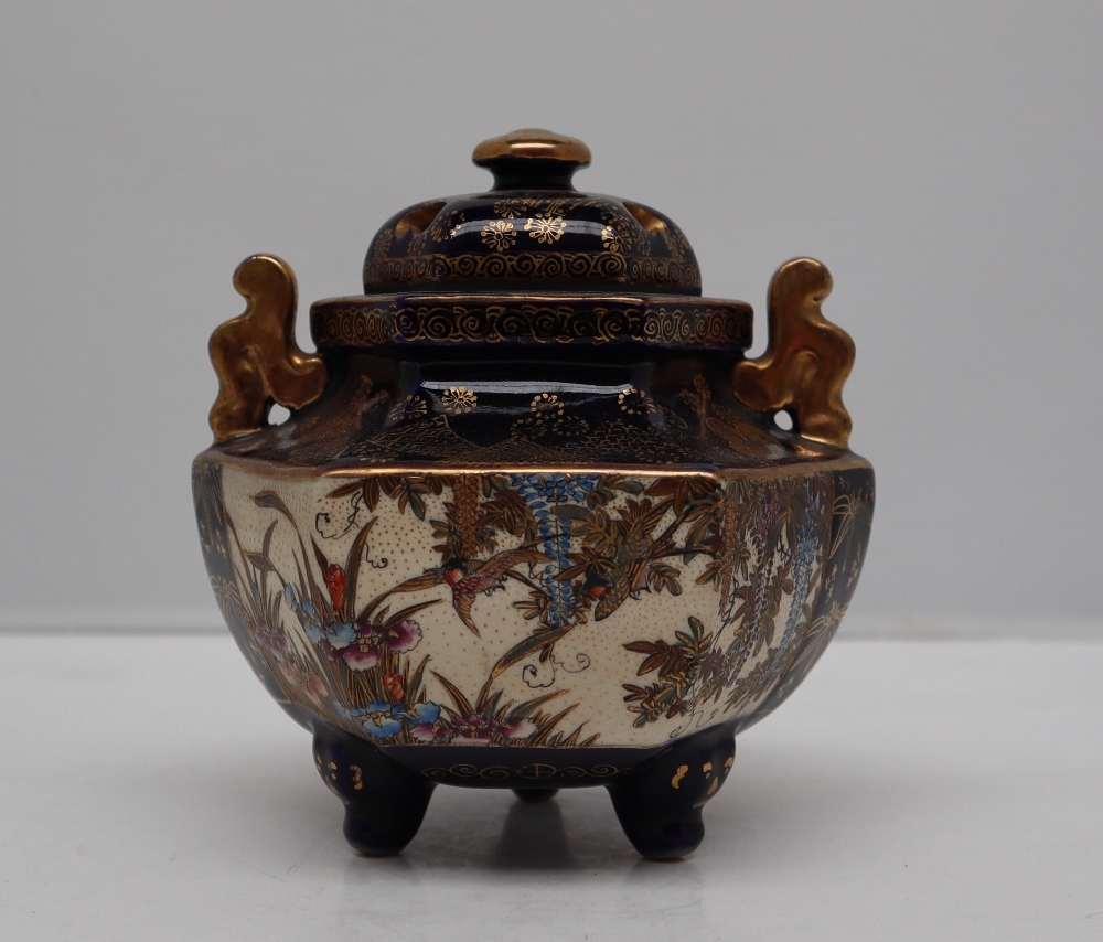 A Japanese satsuma pottery potpourri twin handled vase and cover, of hexagonal form, - Image 3 of 7