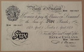 A Bank of England white Five Pounds note, Percival Spencer Beale, London, dated 1st April 1949,