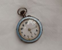 A continental silver and enamel decorated fob watch, the white enamel dial with Arabic numerals,