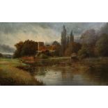 19th century British school A river scene with fishermen in the foreground and a church beyond Oil