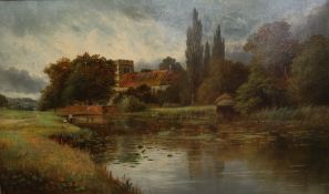 19th century British school A river scene with fishermen in the foreground and a church beyond Oil